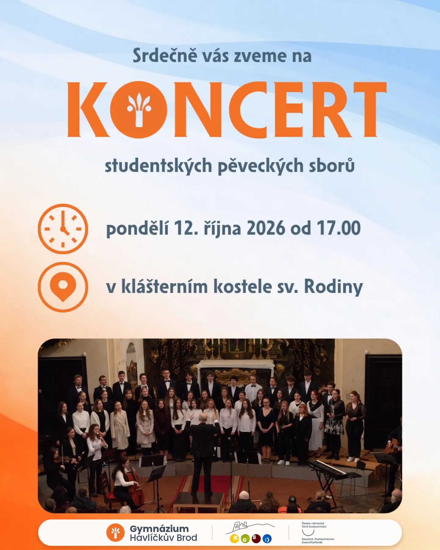 Plakát: koncert studentských pěveckých sborů, pondělí 12. října 2026 od 17.00, klášterní kostel sv. Rodiny