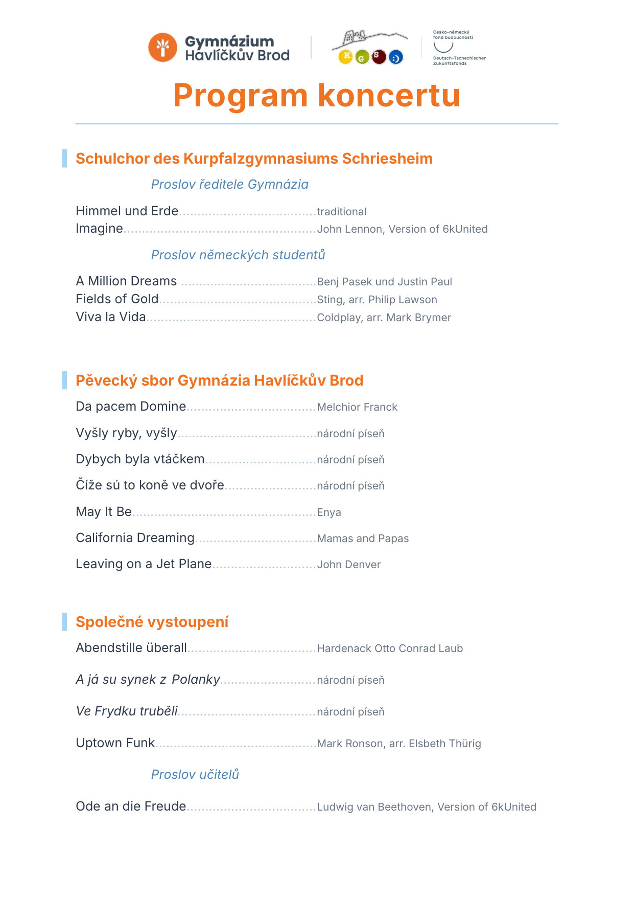Program koncertu pěveckého sboru GHB a Kurpfalz-Gymnasium Schriesheim